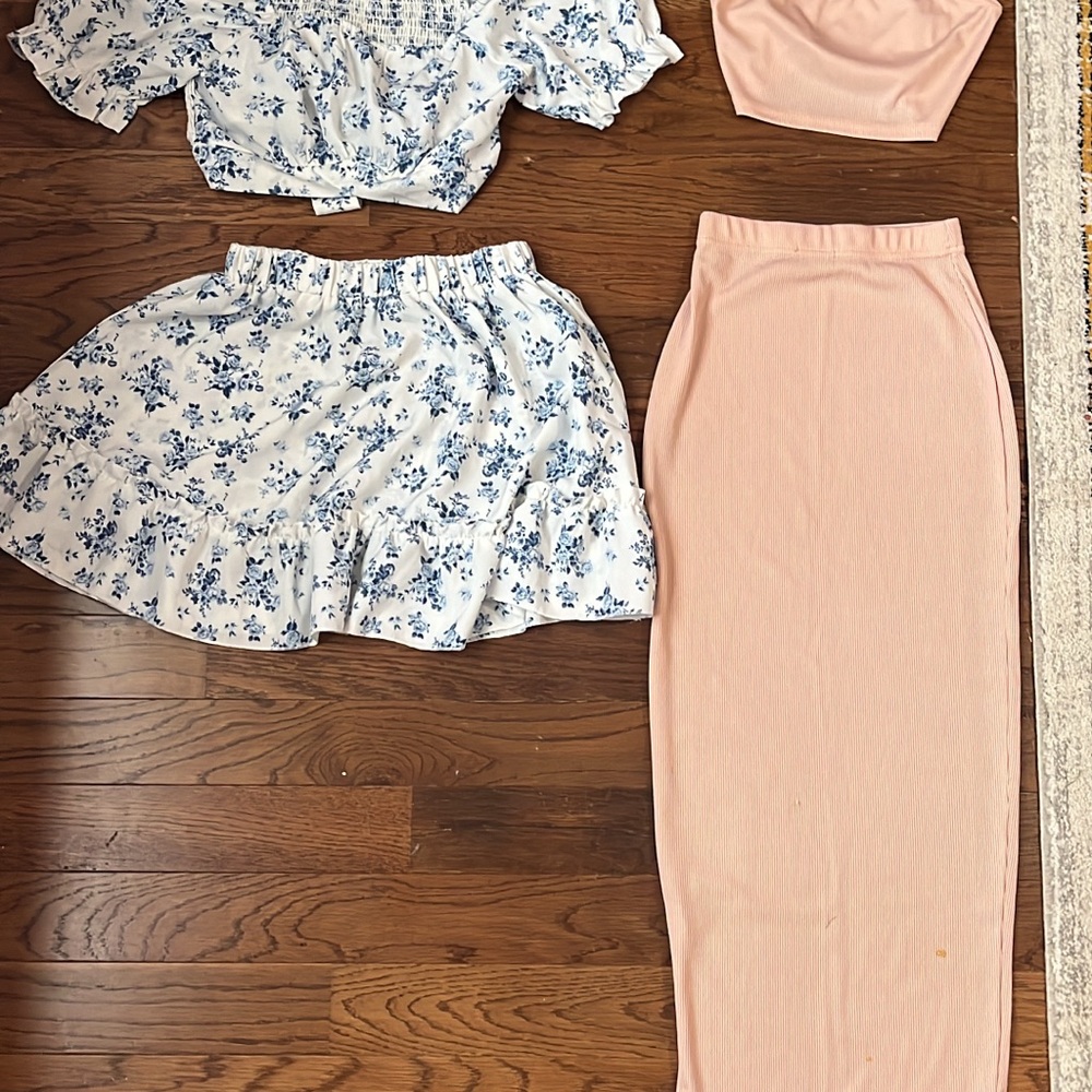 Floral Blue and White Top with Pink Skirt Set